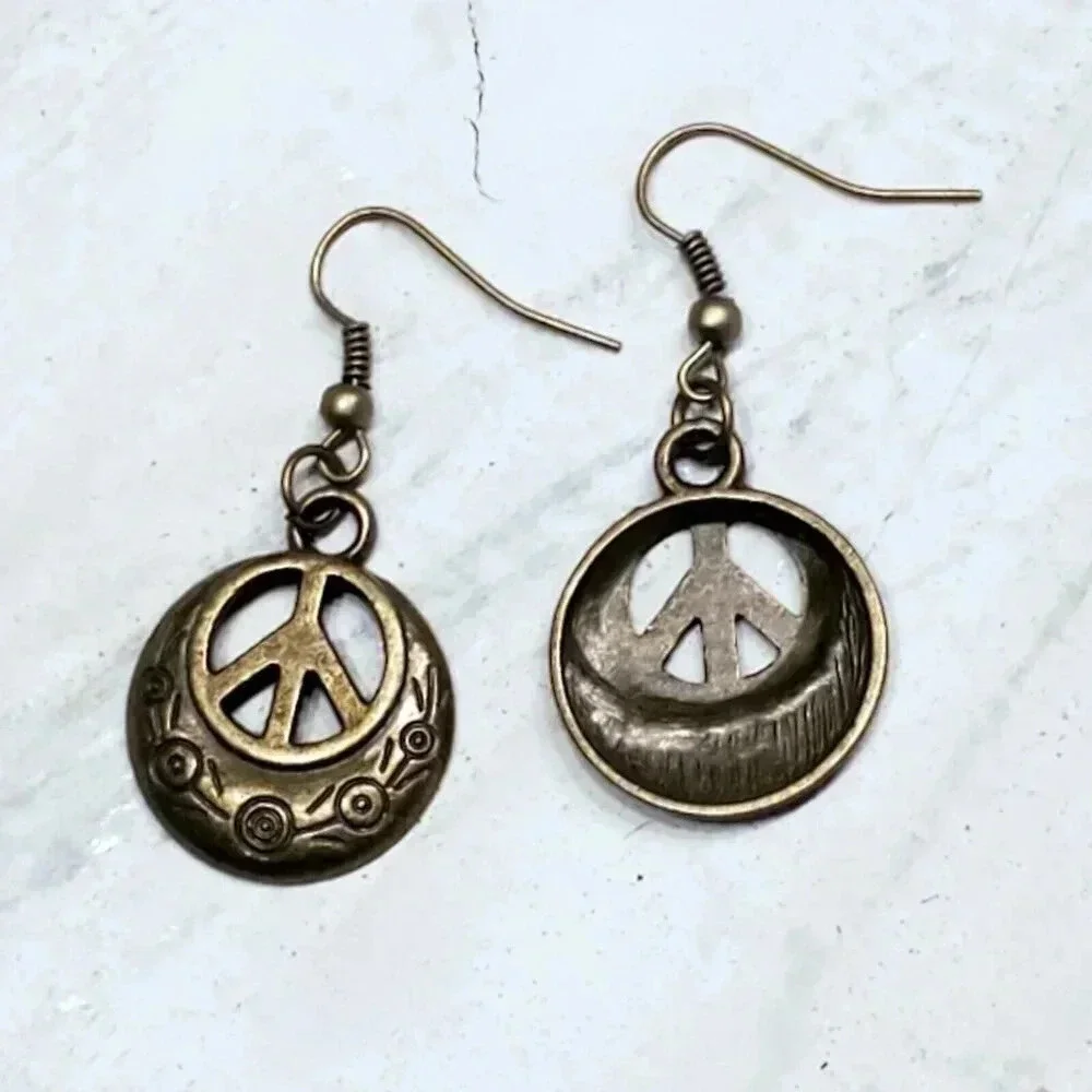 Artsy Peace Sign Bronze Antique Brass Stylized Dangle Earrings